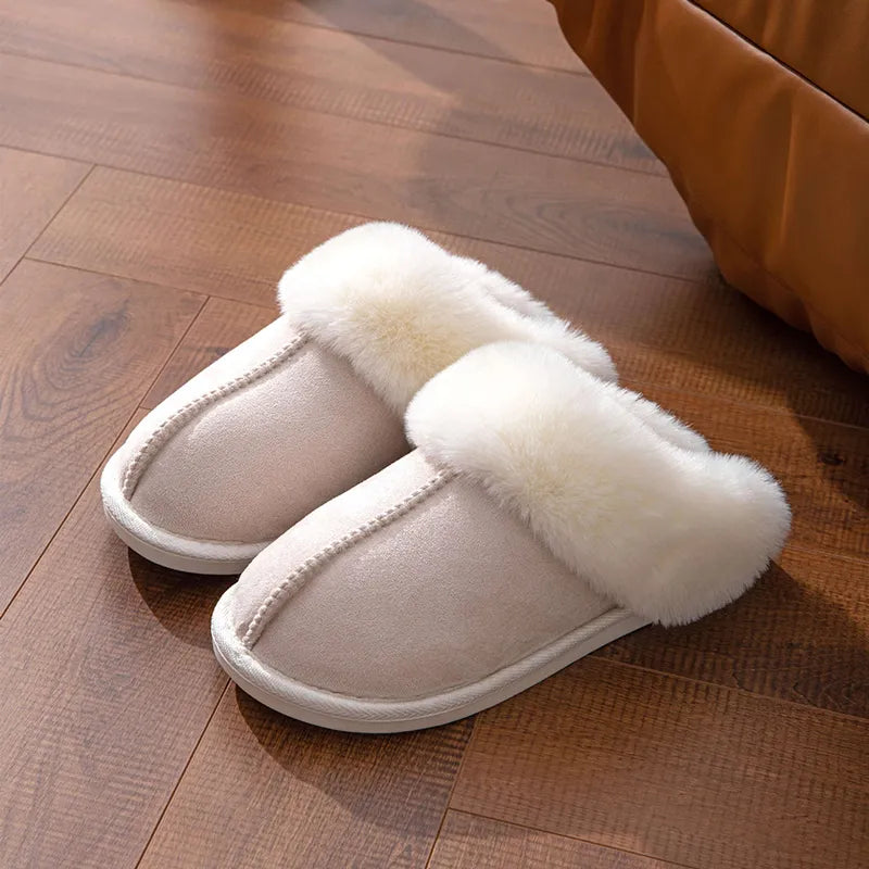 Winter Warm Flat Fur Slippers Beige